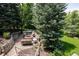 Stone patio and fire pit surrounded by lush greenery offer a private outdoor retreat at 5301 S Birch Ct, Greenwood Village, CO 80121