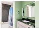 Charming bathroom with modern vanity, stylish mirror, and mountain-themed shower curtain at 5301 S Birch Ct, Greenwood Village, CO 80121