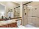 Well-appointed bathroom featuring tiled shower with glass doors, vanity with sink, and ample lighting at 12147 S Shady Pine Ct, Parker, CO 80134