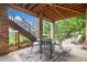 Covered outdoor patio with stone columns, dining furniture, and wood ceiling and lush green surroundings at 12147 S Shady Pine Ct, Parker, CO 80134