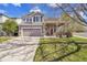 Charming two-story home featuring a covered front porch, landscaped lawn, and an attached two-car garage at 19447 E Bellisario Creek Dr, Parker, CO 80134