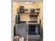 Efficient laundry room with modern gray washer and dryer set, organized shelving for storage at 8157 E 53Rd Dr, Denver, CO 80238