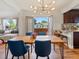 Dining room with wood table, blue chairs, and modern lighting at 3401 N Steele St, Denver, CO 80205