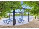 Community pool area with picnic tables underneath a shaded pergola structure near the water at 529 Gallegos Cir, Erie, CO 80516
