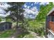 Backyard view featuring a storage shed, fence, trees, and natural landscaping at 25694 Stansbery St, Conifer, CO 80433
