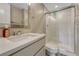 Updated bathroom with white shower and vanity at 25694 Stansbery St, Conifer, CO 80433