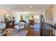Bright living room showcasing hardwood floors, modern furniture, and an open floor plan to the kitchen and dining areas at 9410 Perry St, Westminster, CO 80031
