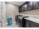 Functional laundry room with modern washer and dryer, a utility sink, and ample cabinet space at 2669 Red Bird Trl, Castle Rock, CO 80108