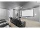 A home theater room featuring a large screen, projector, sconces, and comfortable leather seating at 2669 Red Bird Trl, Castle Rock, CO 80108