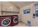 Well-lit laundry room features red front-loading machines and storage cabinets above the machines at 340 S Logan St, Denver, CO 80209