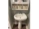 Pedestal sink in a bathroom featuring three decorative wicker baskets on the shelving unit above at 1222 Yosemite St, Denver, CO 80220