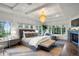 Spacious main bedroom with coffered ceiling, fireplace, and large windows offers a luxurious retreat at 1991 E Alameda Ave # 14, Denver, CO 80209