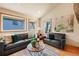 Cozy living room with vaulted ceilings, wood floors, and a comfortable seating arrangement at 2673 S Cook St, Denver, CO 80210