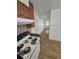 View of the kitchen featuring an electric range and wood-look floors at 867 S Grape St, Denver, CO 80246