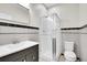 A bathroom featuring a glass enclosed shower, modern fixtures and grey tile at 1285 W 9Th Ave, Denver, CO 80204