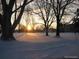Snow covered field at sunset with large trees and building in background at 660 S Alton Way # 10D, Denver, CO 80247
