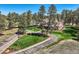 Aerial view of a large property with mature trees, showcasing lush landscaping and a circular driveway at 38666 County Road 21, Elizabeth, CO 80107