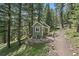 View of a charming green outbuilding surrounded by trees, grass, and lush landscaping at 20410 Brookmont Rd, Morrison, CO 80465