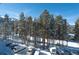 Snowy mountain view with evergreen trees and parking lot at 246 Broken Lance Dr # 503, Breckenridge, CO 80424