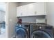 Laundry room featuring grey front loading washer/dryer, and white upper cabinets at 21574 E 59Th Dr, Aurora, CO 80019
