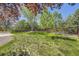 Lush green backyard featuring mature trees, a rock garden, and privacy fencing at 2950 Wyecliff Ln, Highlands Ranch, CO 80126
