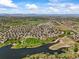 Scenic aerial view of the neighborhood featuring a pond, park, and mountain backdrop at 13445 Kearney St, Thornton, CO 80602
