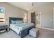 This main bedroom has carpet, lots of pillows, and a decorative sliding barn door to the main bathroom at 670 Portland Rd, Monument, CO 80132
