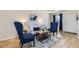 Cozy living room with blue seating and a stylish coffee table on a decorative rug at 7822 South Kittredge Circle, Englewood, CO 80112