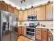 Spacious kitchen featuring stainless steel appliances, wooden cabinets, and hardwood floors at 3893 Ute Mountain Trl, Castle Rock, CO 80109