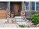 Welcoming front entrance with a decorative flower pot on concrete steps, leading up to the brown front door at 25871 E 5Th Pl, Aurora, CO 80018
