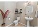 Stylish powder room featuring a pedestal sink, modern fixtures, and tasteful decor at 881 Kirby Ct, Watkins, CO 80137