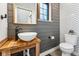 Stylish half bathroom boasts shiplap walls, wooden vanity, vessel sink, and a modern toilet at 1375 Perry St, Denver, CO 80204