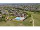 An aerial view of a community clubhouse with a pool, grassy area, and walking path on a clear, sunny day at 7380 S Shady Grove Way, Aurora, CO 80016