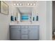 Modern bathroom features a double sink vanity with a white countertop and blue cabinets at 7380 S Shady Grove Way, Aurora, CO 80016