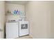 Functional laundry room with white washer and dryer, plus shelving for storage and other supplies at 7380 S Shady Grove Way, Aurora, CO 80016