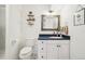 Clean bathroom with white vanity and dark countertop at 221 Mulligan Lake Dr, Mead, CO 80542