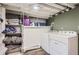 Laundry area with washer, dryer, shelving and views of the room's exposed ceiling at 3930 S Sherman St, Englewood, CO 80113