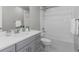 Well-lit bathroom with white subway tile in shower, gray cabinets, and modern fixtures at 23252 E Glidden Dr, Aurora, CO 80016