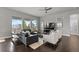 Comfortable living room features hardwood floors, an entertainment center, and views of the back yard at 23252 E Glidden Dr, Aurora, CO 80016