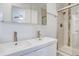 Modern bathroom with double vanity and large shower at 12866 E Ohio Ave, Aurora, CO 80012