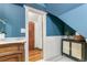 Stylish bathroom with blue walls, white wainscoting, and wood accents at 3015 Lowell Blvd, Denver, CO 80211