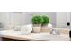 Bathroom vanity featuring dual sinks with chrome fixtures, decorative greenery, and a white towel at 17200 Waterhouse Cir # D, Parker, CO 80134