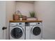 This is the laundry room with a front loading washer and dryer and decorative overhead storage at 6805 Canosa St, Denver, CO 80221