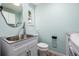 Powder room with stylish vanity and basin sink, light blue walls, and modern fixtures at 9832 High St, Thornton, CO 80229