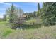 Backyard of cabin home with a pond with reflections and surrounded by lush green trees at 80 Castlewood Ct, Evergreen, CO 80439
