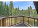 Beautiful treed backyard view from the balcony featuring evergreen trees, a pond, and blue skies at 80 Castlewood Ct, Evergreen, CO 80439