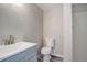 Simple and clean bathroom featuring a gray vanity and a toilet and shower at 6389 S Ponds Way, Littleton, CO 80123