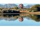 Hot air balloon reflecting on the lake's calm water against mountains at 1195 Fox Hills Ct, Erie, CO 80516