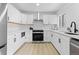 Newly renovated kitchen with white cabinets, stainless steel appliances, and stylish black hardware at 3055 S Winona Ct, Denver, CO 80236