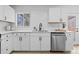 Updated kitchen with white cabinetry, modern black hardware, and stainless steel appliances at 3055 S Winona Ct, Denver, CO 80236